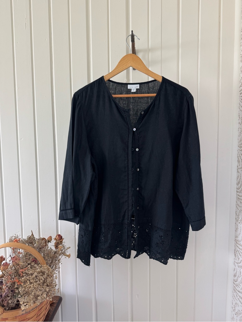 Black Linen Eyelet Embroidered Button Front Tunic Blouse J.Jill